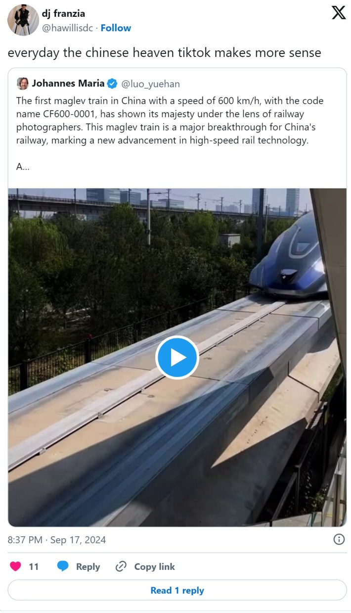 tweet that reads "everyday the chinese heaven tiktok makes more sense" with video of a modern train system