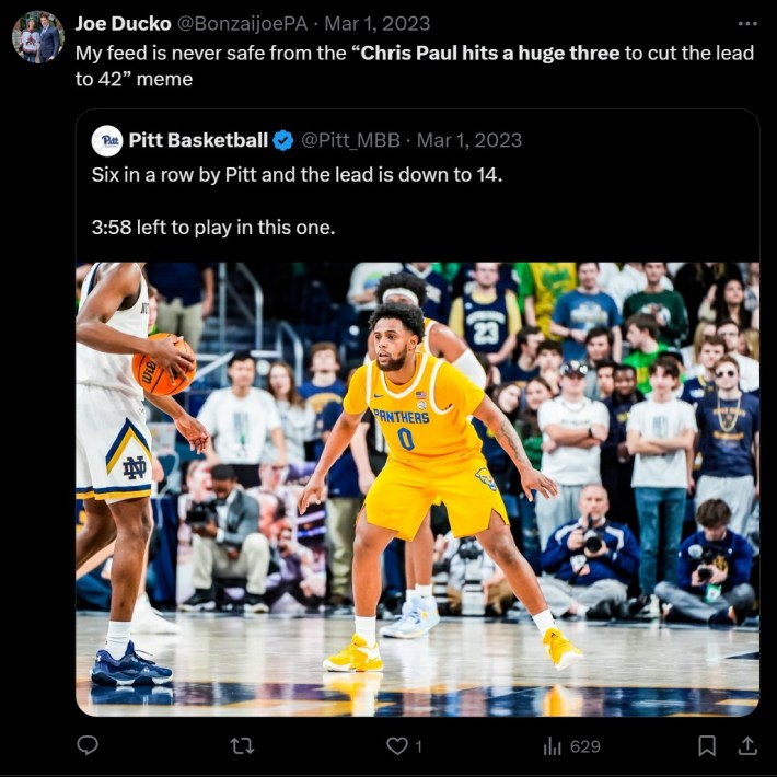 pitt basketball "My feed is never safe from the 'Chris Paul hits a huge three to cut the lead to 42' meme"