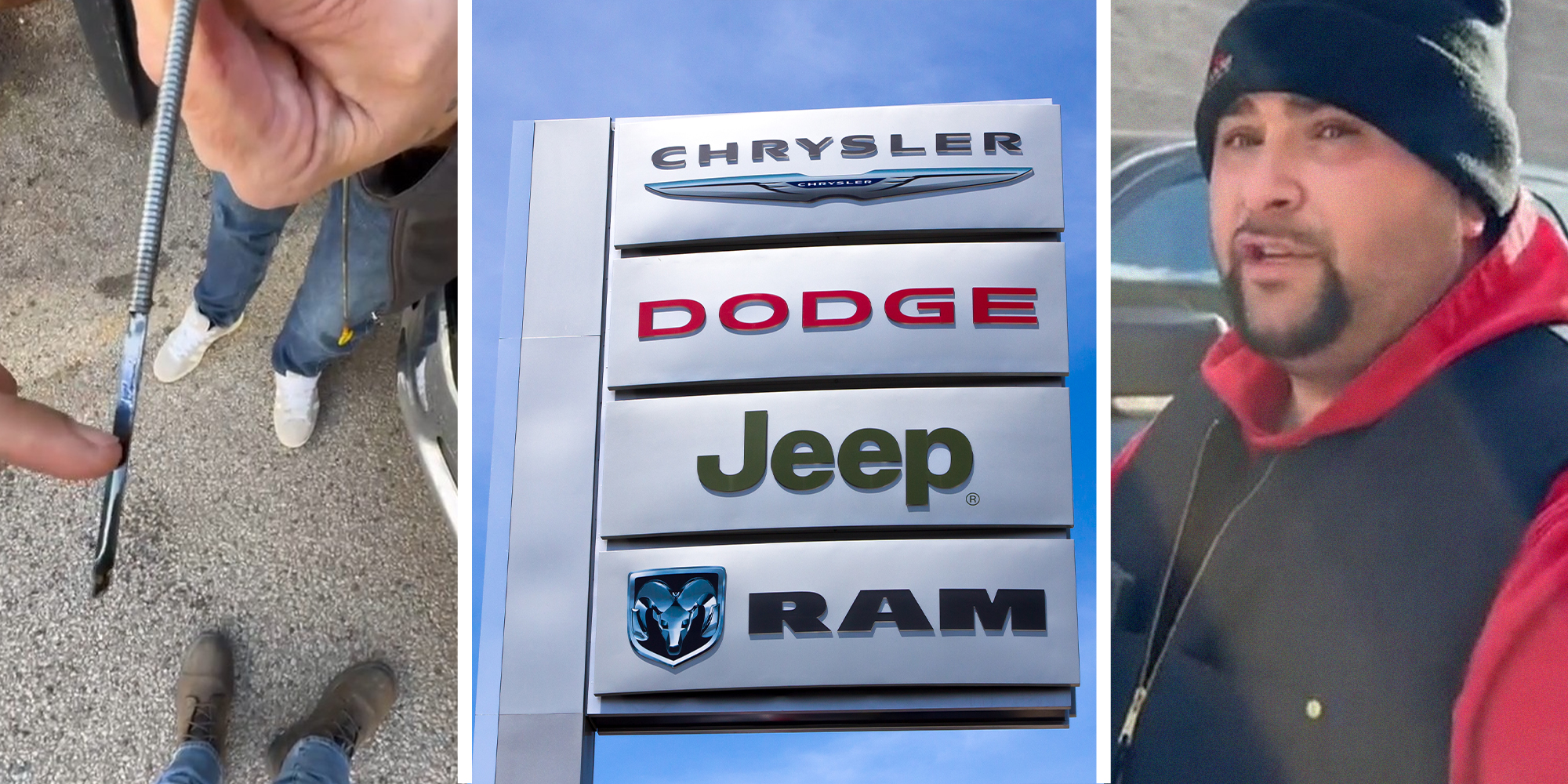 Checking Dipstick(l) Chrysler dealer sign(c) Man sharing what he experience at dealership(r)