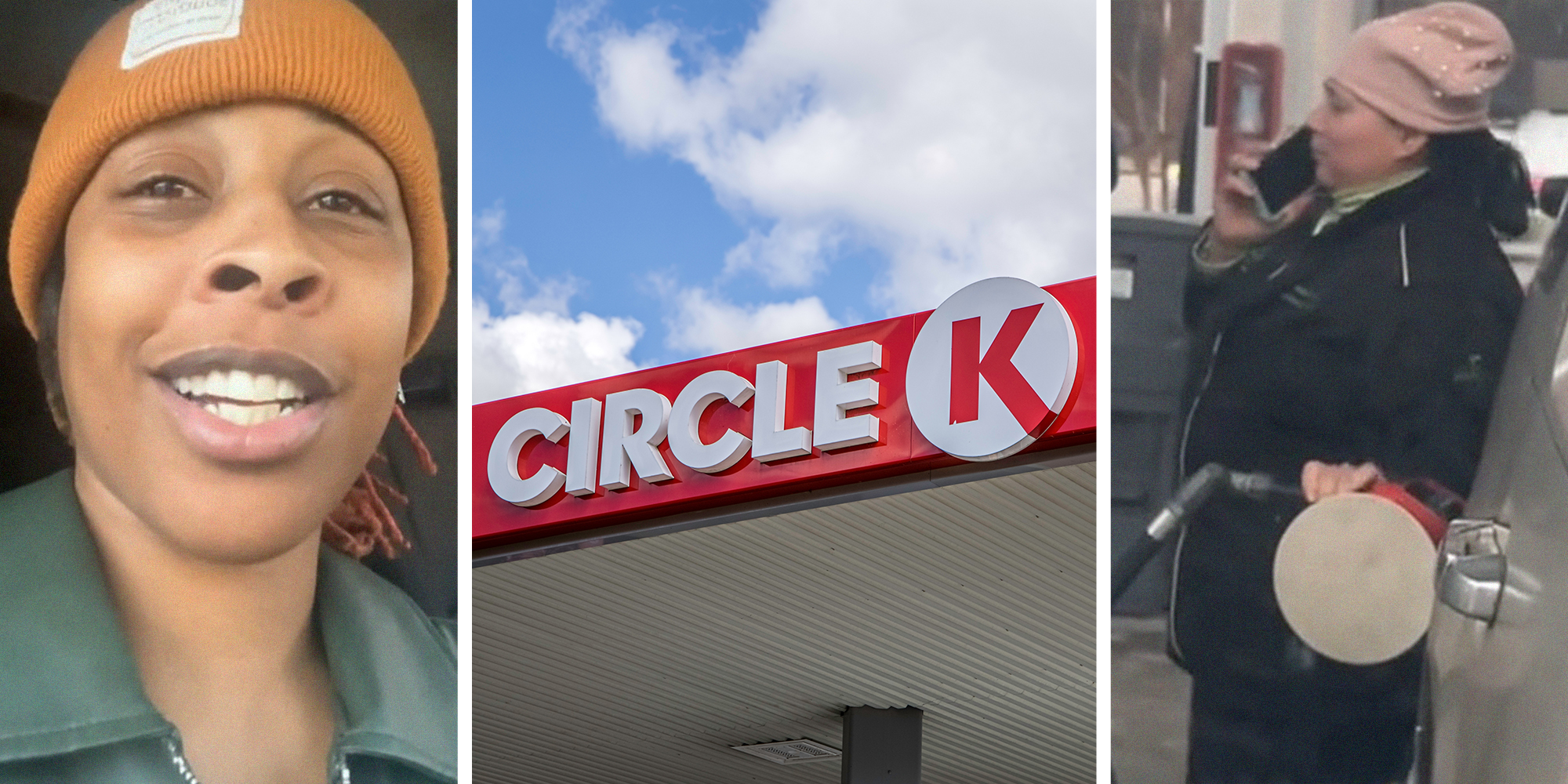 woman smiling(l) Circle K Gas Station Sign(c) Woman filling gas on vehicle(r)