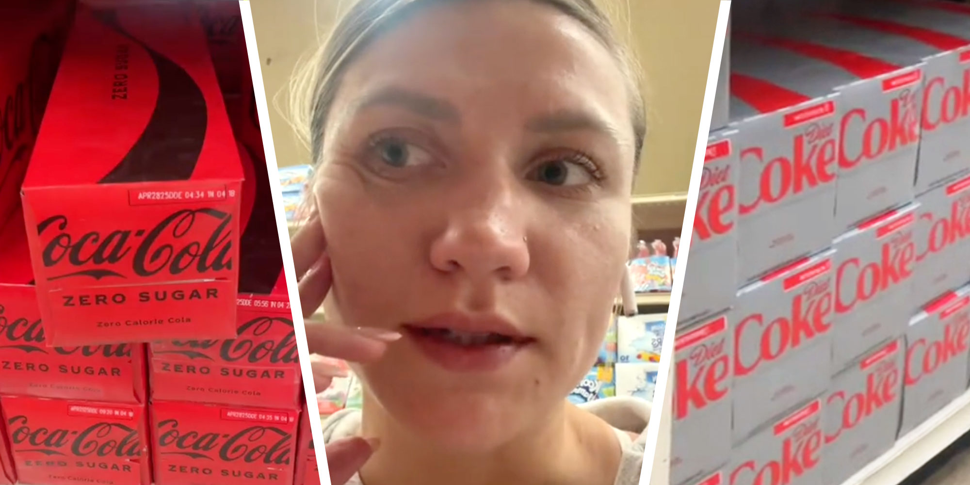 Three photos of a shelf of Coke Zero, Tiktok user @movin_morgans, and a shelf of Diet Coke.