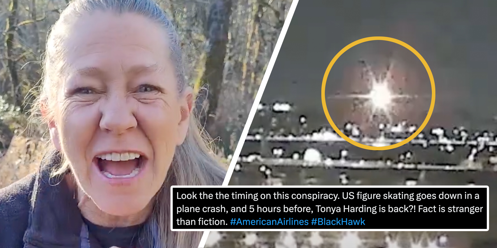 Tony Harding(l), Plane crash(r) tweet "look at the timing on this conspiracy. US figure skating goes down in a plane crash and 5 hours before, Tonya Harding is back?! Fact is stranger than fiction. #americanairlines #blackhawk