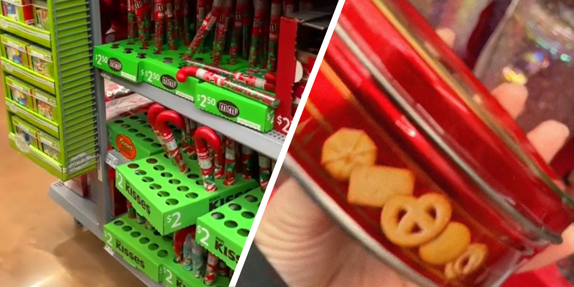2 panel image of an aisle in Walmart and a hand holding a cookie tin.