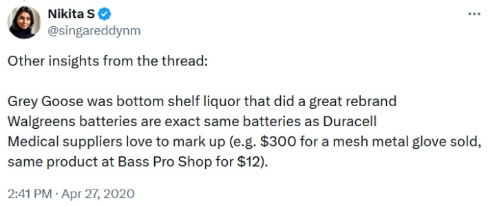 Tweet reading "Other insights from the thread: Grey Goose was bottom shelf liquor that did a great rebrand Walgreens batteries are exact same batteries as Duracell Medical suppliers love to mark up (e.g. $300 for a mesh metal glove sold, same product at Bass Pro Shop for $12)."