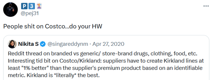 Quote tweet reading "People shit on Costco…do your HW"