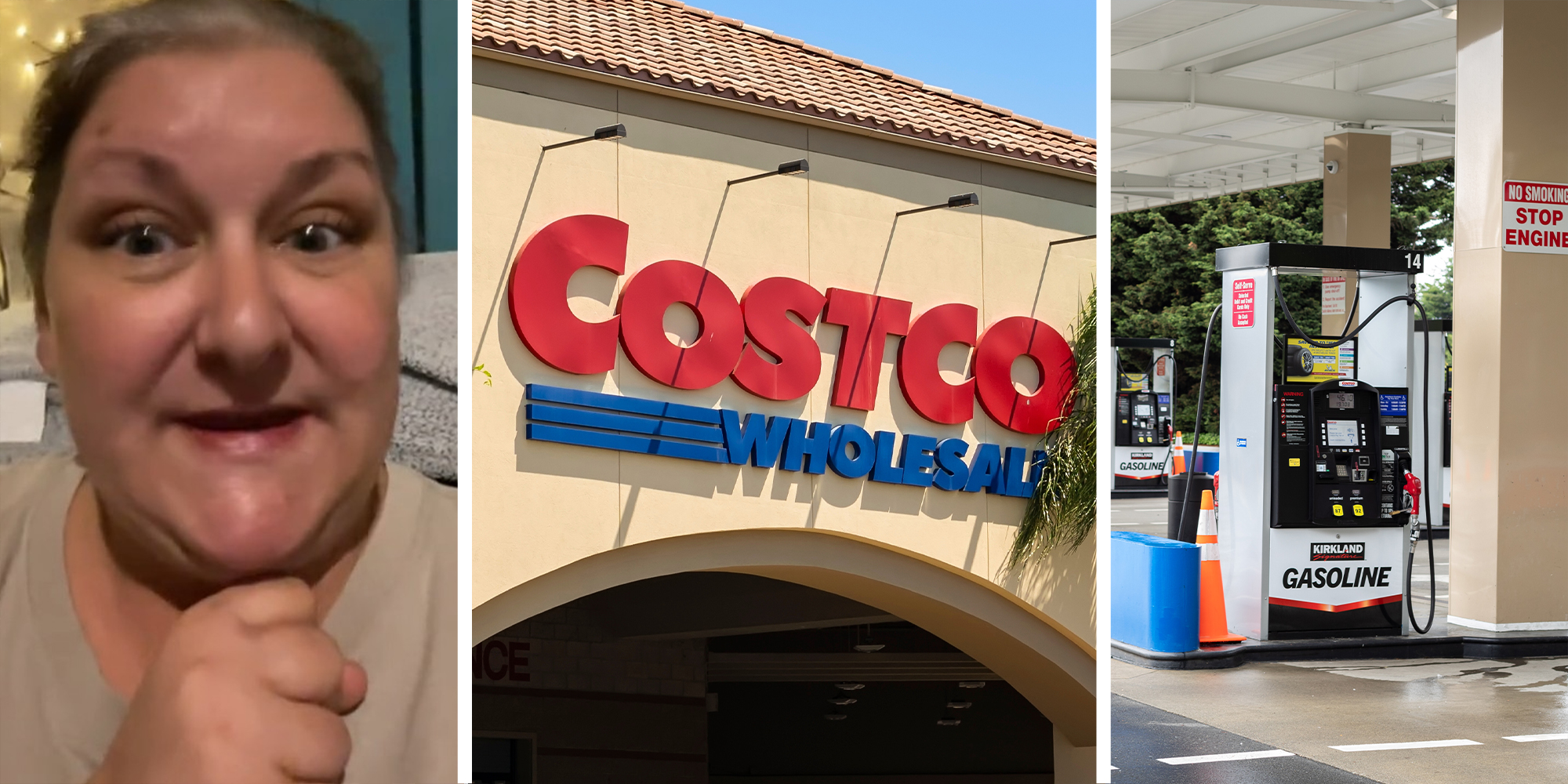 woman shares details about gas pump(l) Costco Store front(c) Gas Station at Costco(r)