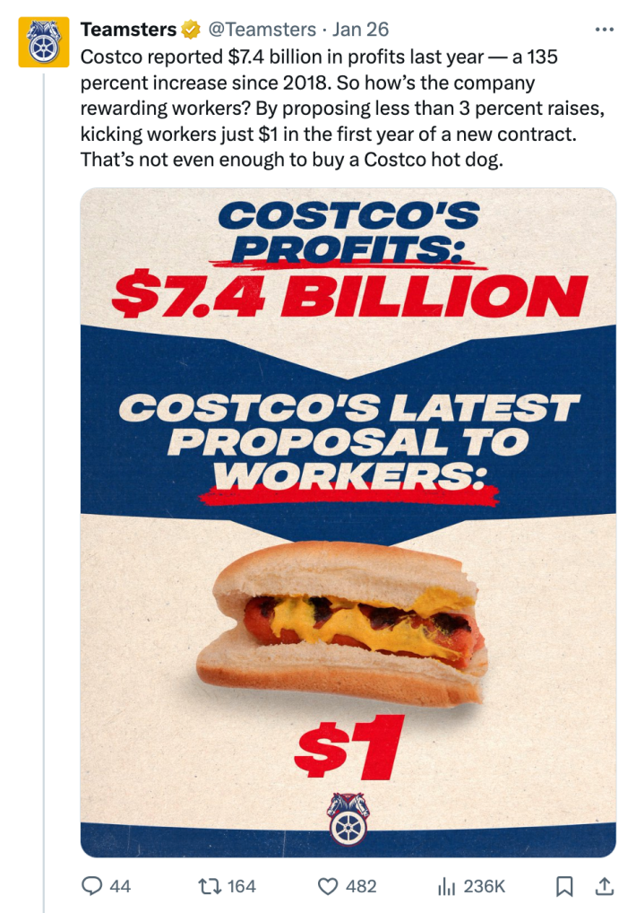 Teamsters's response to Costco's wage increase announcement.