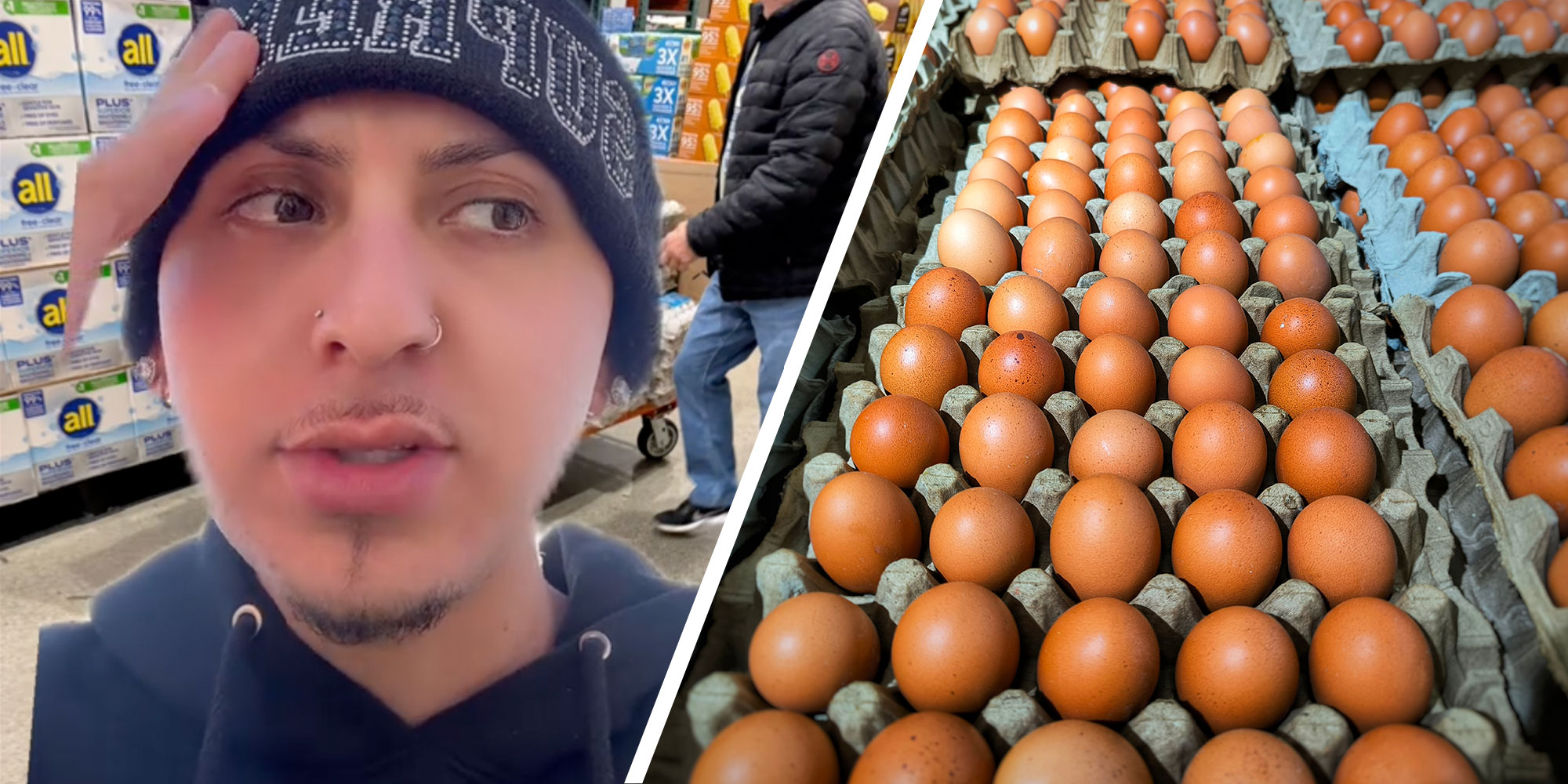 Screenshot of @itsjosezarate's tiktok next to a photo of multiple egg cartons
