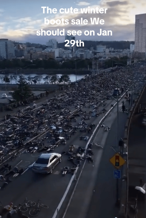 Cute winter boots TikTok video showing a "die-in" protest on a highway.