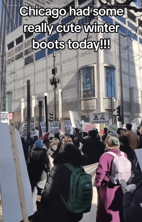 Cute winter boots TikTok video showing a crowd of protesters with signs in front of a building.