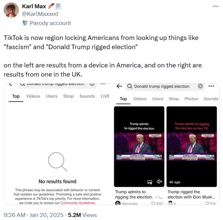 Tweet with TikTok screenshots and text reading "TikTok is now region locking Americans from looking up things like "fascism" and "Donald Trump rigged election" on the left are results from a device in America, and on the right are results from one in the UK."