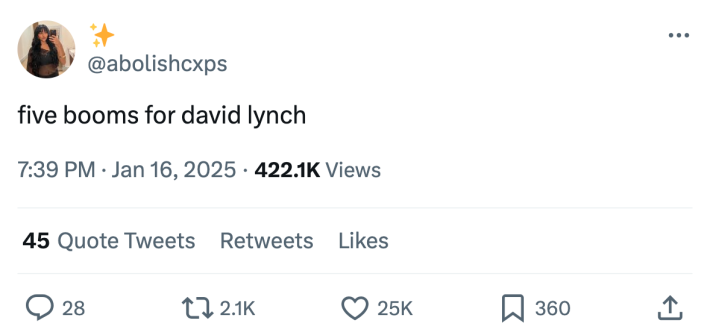 David Lynch meme, text reads, "five booms for david lynch"