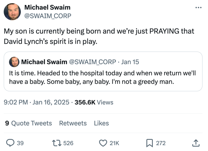 David Lynch meme, text reads, "My son is currently being born and we’re just PRAYING that David Lynch’s spirit is in play."