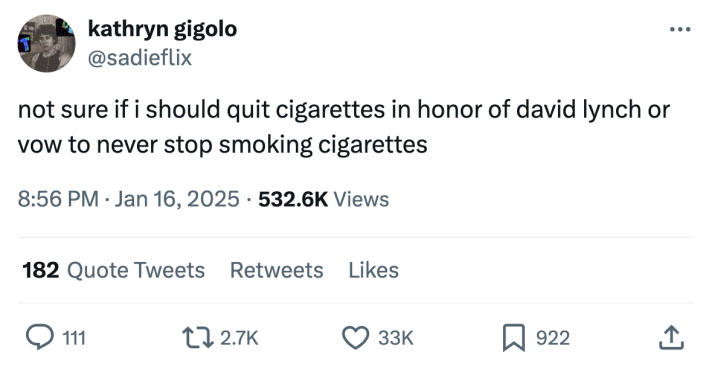 David Lynch meme, text reads, "not sure if i should quit cigarettes in honor of david lynch or vow to never stop smoking cigarettes"