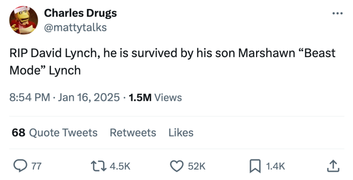 David Lynch meme, text reads, "RIP David Lynch, he is survived by his son Marshawn 'Beast Mode' Lynch"