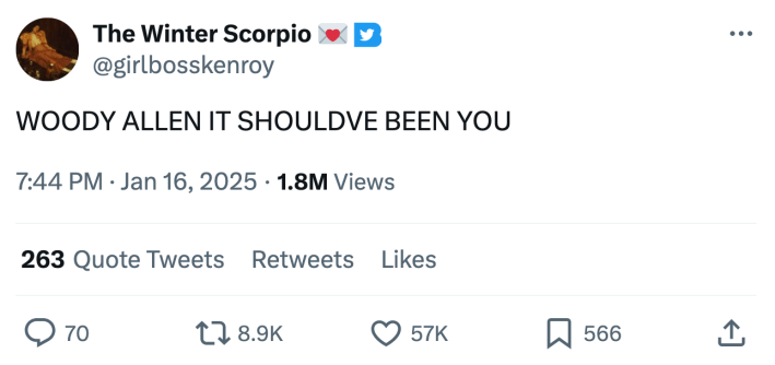 David Lynch meme, text reads, "WOODY ALLEN IT SHOULDVE BEEN YOU"