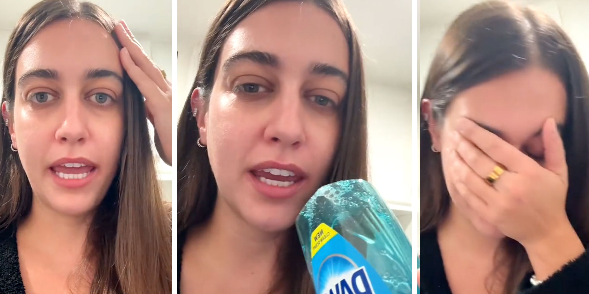 Three images of a woman touching her hair, holding Dawn dish soap and covering her face with her hand.