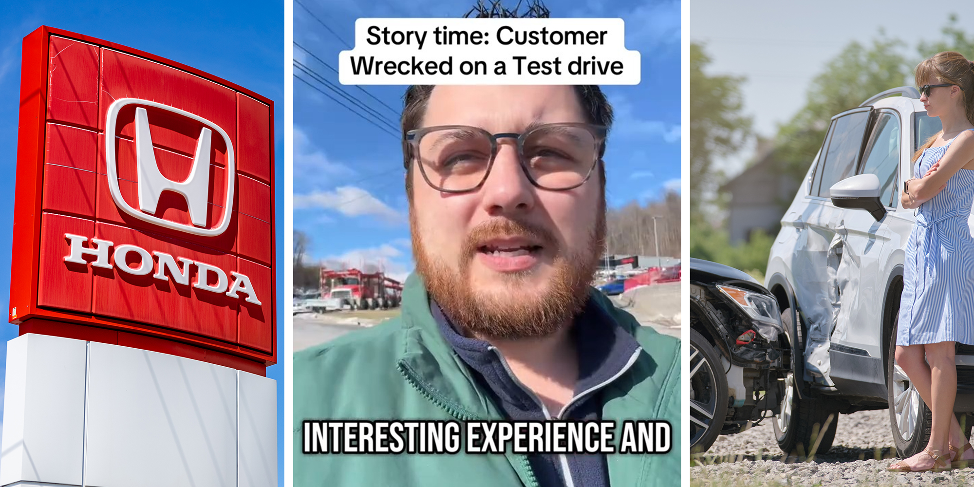 Honda Dealer logo(l) MAn shares car wreck experience(c) Woman standing next to car crash(r)