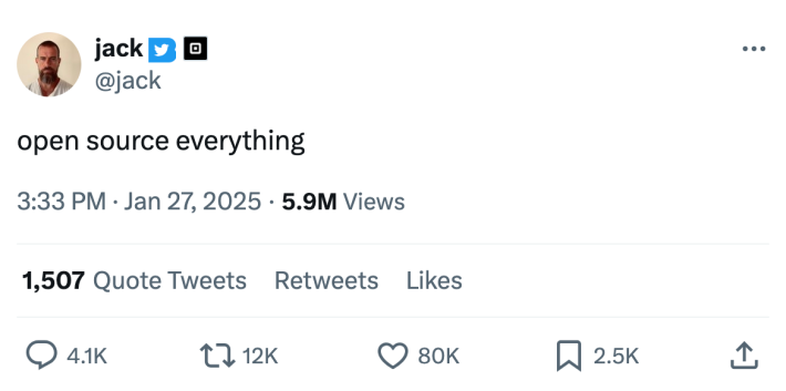 Tweet about DeepSeek that reads, "open source everything."
