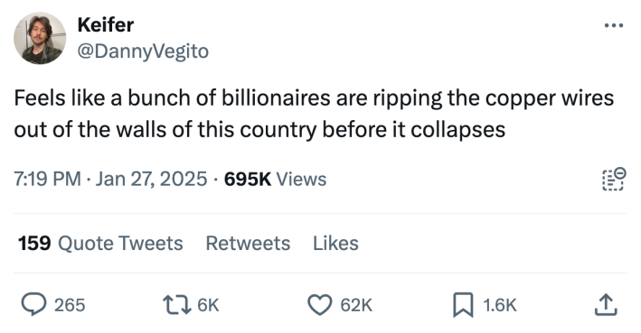 DeepSeek meme, text reads, "Feels like a bunch of billionaires are ripping the copper wires out of the walls of this country before it collapses"