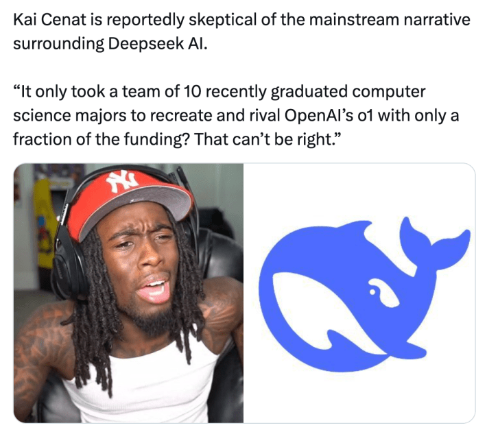 DeepSeek meme, text reads, "Kai Cenat is reportedly skeptical of the mainstream narrative surrounding Deepseek AI. 'It only took a team of 10 recently graduated computer science majors to recreate and rival OpenAI’s o1 with only a fraction of the funding? That can’t be right.'"