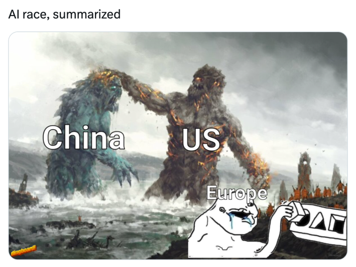 DeepSeek meme, text reads, "AI race, summarized." with a photo of two sea monsters labeled China and US fighting and Europe as a black and white cartoon drawing putting a square block in a circular hole.