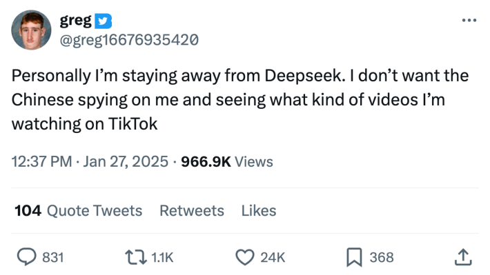 DeepSeek meme, text reads, "Personally I’m staying away from Deepseek. I don’t want the Chinese spying on me and seeing what kind of videos I’m watching on TikTok"