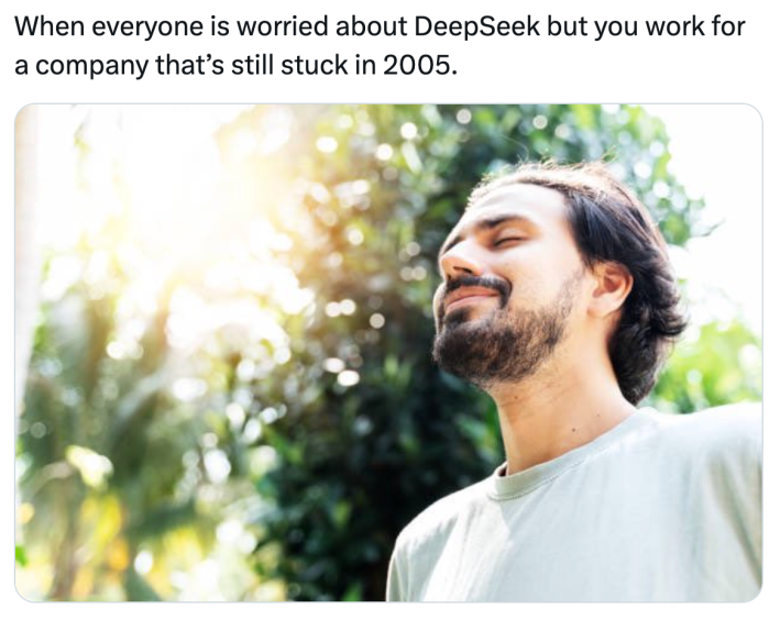 DeepSeek meme, text reads, "When everyone is worried about DeepSeek but you work for a company that’s still stuck in 2005." with a photo of a man basking in the sun, his eyes closed.