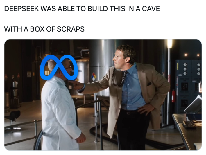 DeepSeek meme, text reads, "DEEPSEEK WAS ABLE TO BUILD THIS IN A CAVE WITH A BOX OF SCRAPS" with a photo from Iron Man, Mark Zuckerberg's face pasted over the villain's and the Meta logo over the scientist.