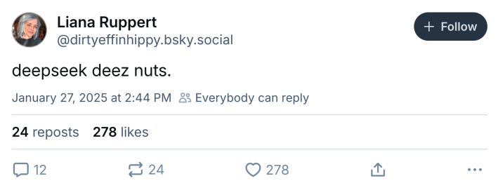 DeepSeek meme, text reads, "deepseek deez nuts."