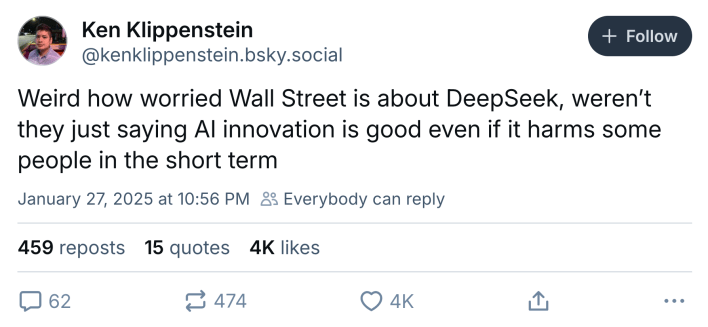 DeepSeek meme, text reads, "Weird how worried Wall Street is about DeepSeek, weren’t they just saying AI innovation is good even if it harms some people in the short term"