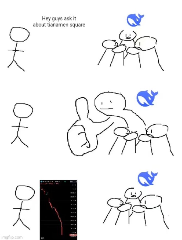 DeepSeek meme of a group of people talking and an outsider saying, "Hey guys ask it about tianamen square." One person gives a thumbs up and they ignore the outsider, while the stock market crashes.