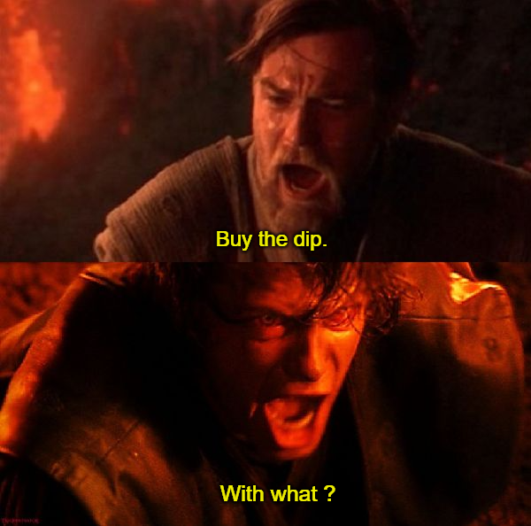 DeepSeek meme showing the scene from Star Wars where Anakin Skywalker is defeated by his mentor, who is yelling, "Buy the dip [in the stock market]." and Anakin replies, "With what ?"