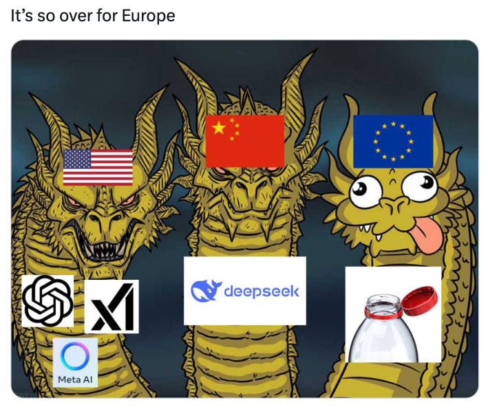 DeepSeek meme of the three dragon heads, America and China as the first two with their A.I. apps and Europe with the water bottle caps that are attached to lids since Aug. 2024.
