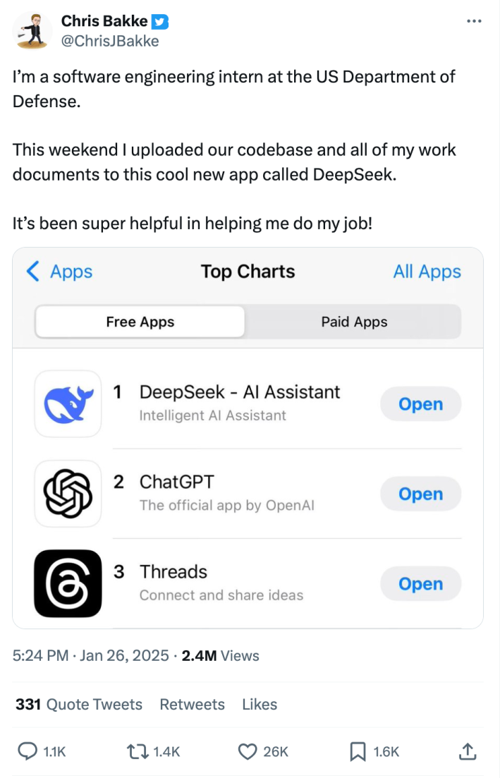 DeepSeek meme, text reads, "I’m a software engineering intern at the US Department of Defense. This weekend I uploaded our codebase and all of my work documents to this cool new app called DeepSeek. It’s been super helpful in helping me do my job!"