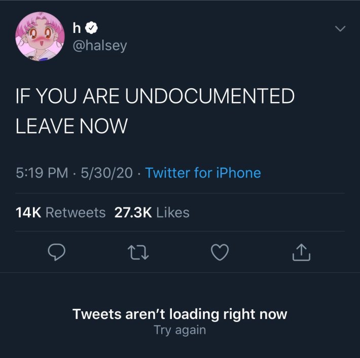 Deleted celebrity tweets. Halsey wrote, "IF YOU ARE UNDOCUMENTED LEAVE NOW"
