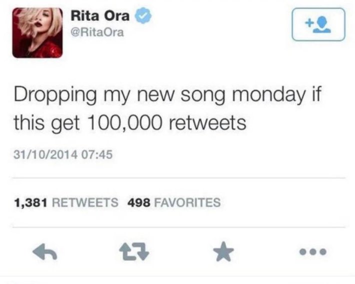 Deleted celebrity tweets. Rita Ora wrote, "Dropping my new song monday if this gets 100,000 retweets