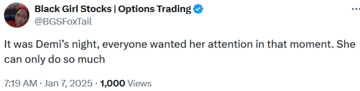 Tweet reading "It was Demi’s night, everyone wanted her attention in that moment. She can only do so much."