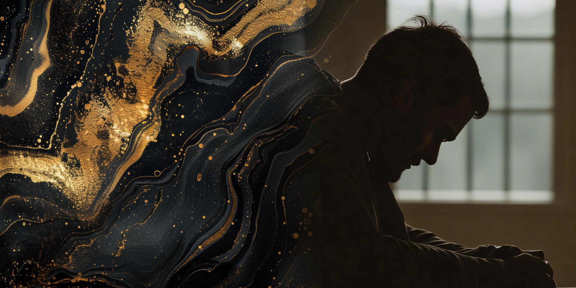 A screengrab of a tweet with gold swirls and a depressed in shadow.