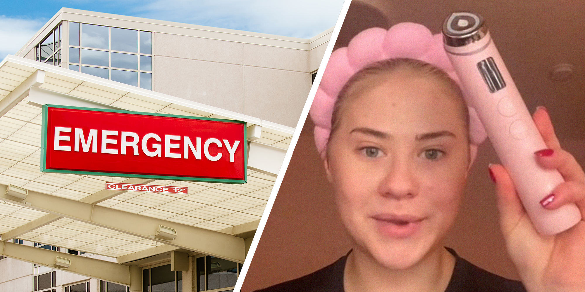 Emergency Sign (l) woman holding up a Medicube skincare device(r)