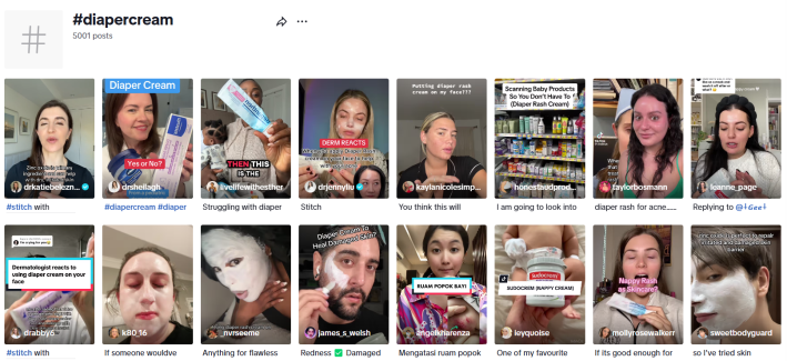 TikTok screenshot from videos about using diaper rash cream skincare