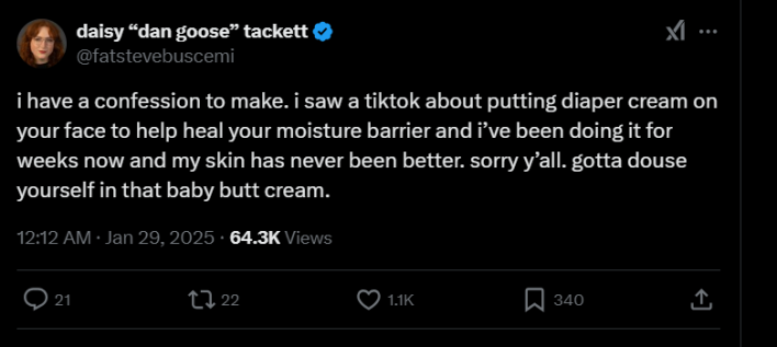 X screenshot from post about using diaper rash cream skincare