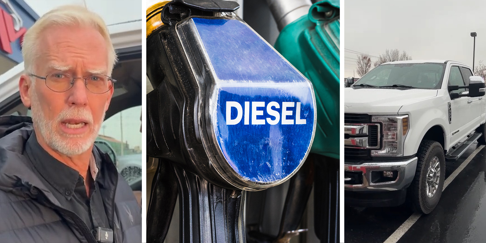 Mechanic sharing best method to warm up a Diesel Vehicle(l) Diesel Fuel Pump(c) Diesel Ford Pickup Truck(r)