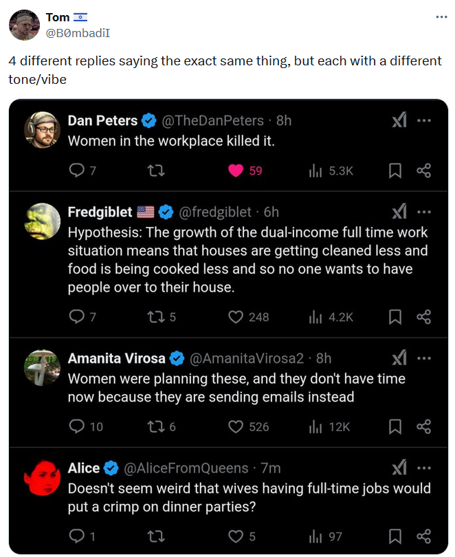 Tweet with a screenshot of four tweets blaming women for the lack of dinner parties.