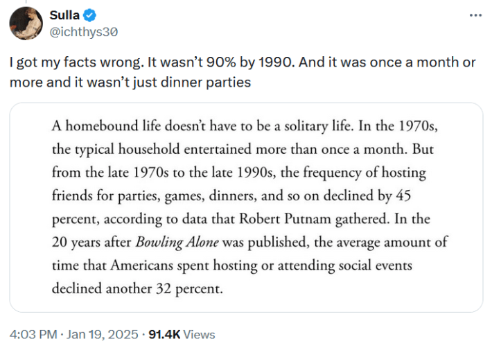 Tweet with an article screenshot reading "I got my facts wrong. It wasn’t 90% by 1990. And it was once a month or more and it wasn’t just dinner parties."