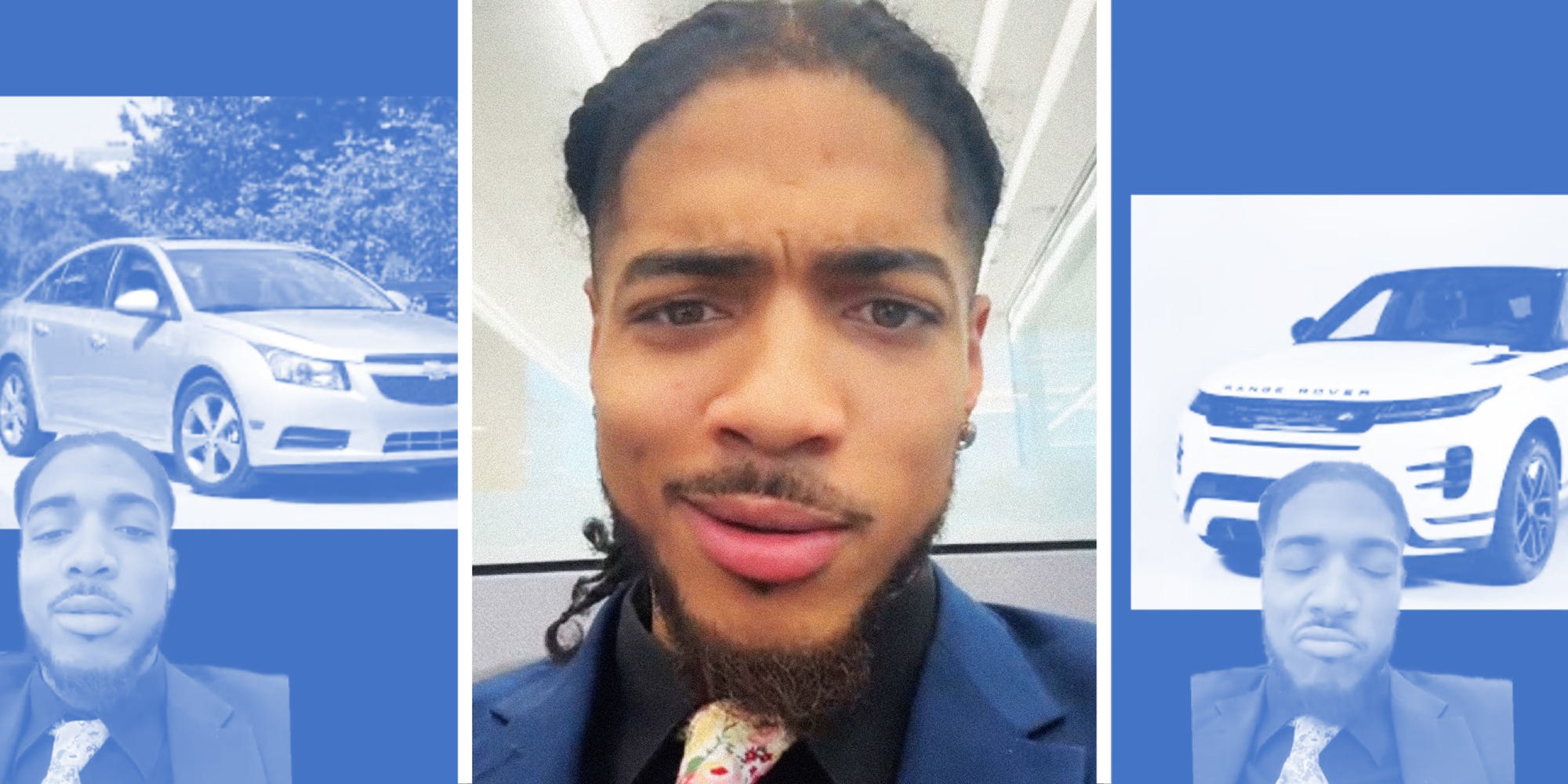 3 panel image of a person explaining about cars.