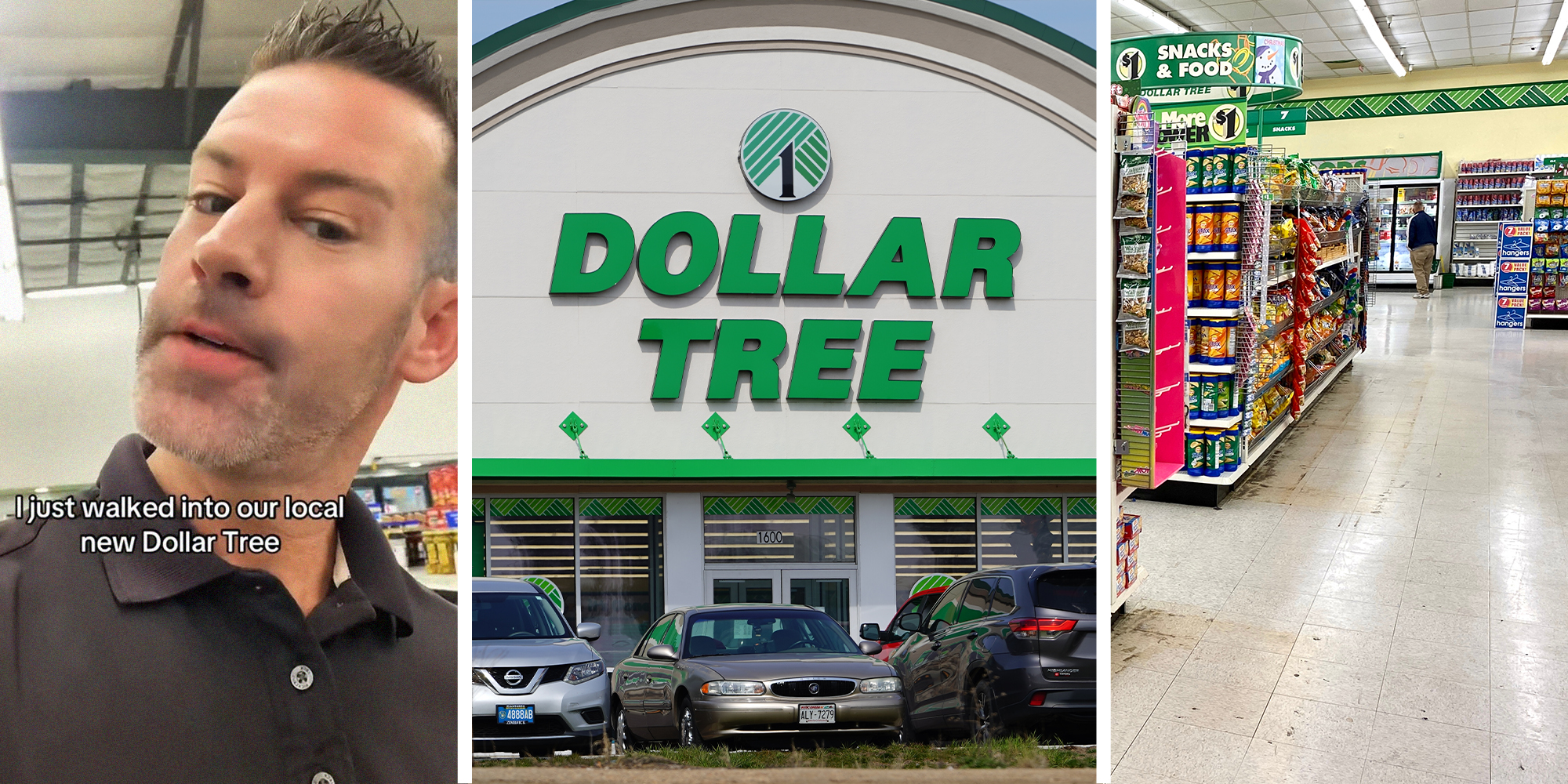Man sharing what he saw at his Dollar Tree Store(l) Dollar Tree Store Front(c) Dollar Tree Interior(r)