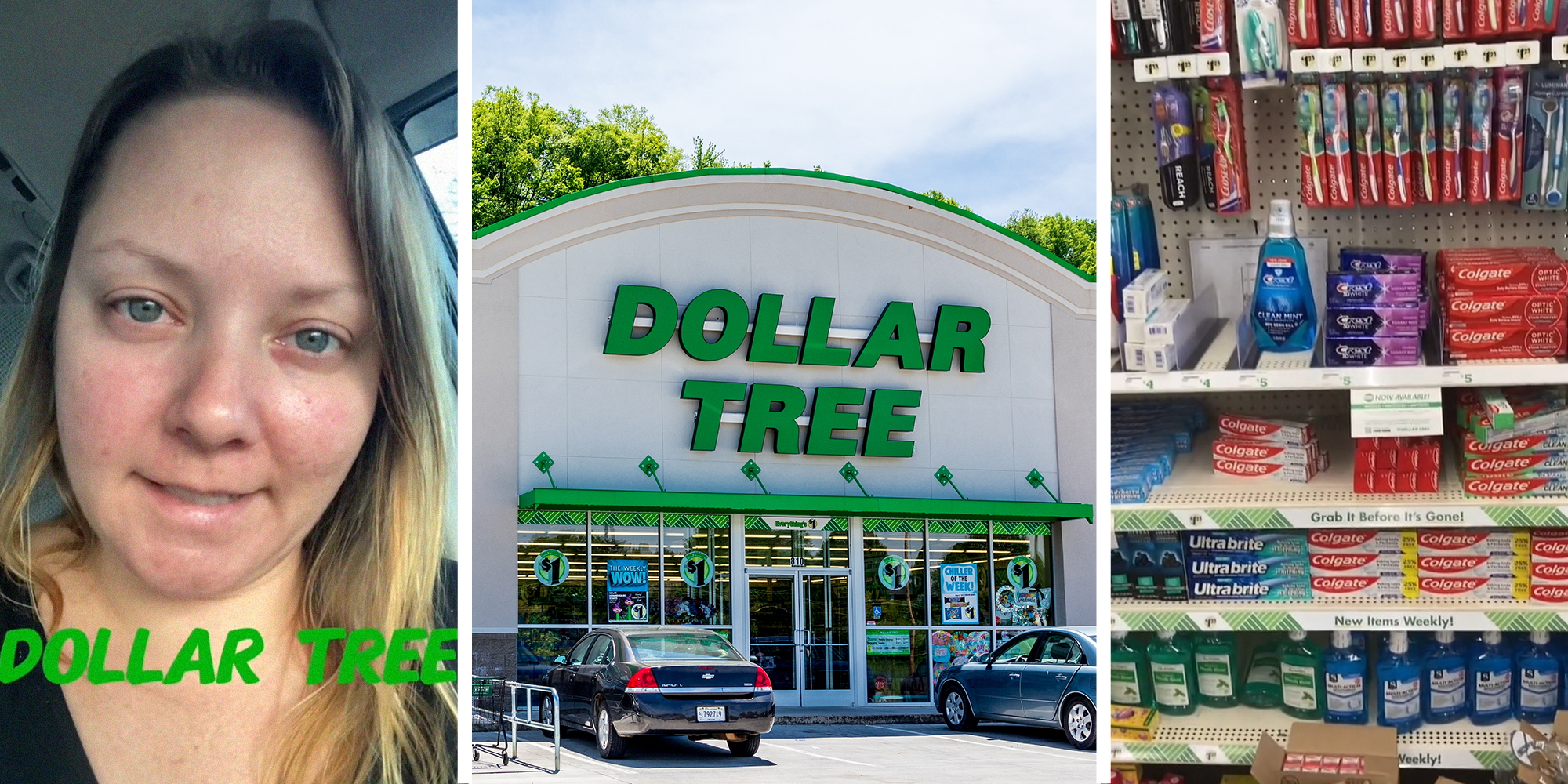 woman shares changes at Dollar Tree(l) Dollar Tree Store Front(c) Items at Dollar Tree Rack(r)