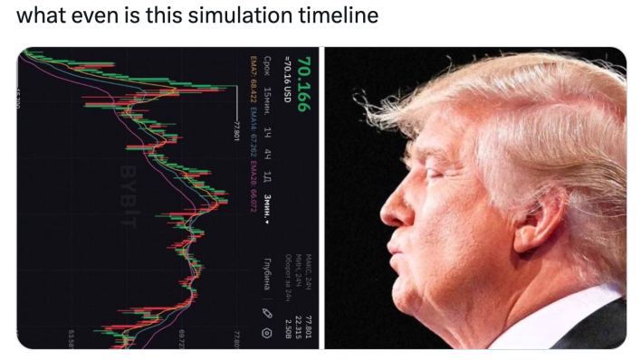 Meme about Trump and Melania releasing crypto meme coins ahead of the inauguration. Text reads, "what even is this simulation timeline" with a side by side of Trump and his meme coin stock.
