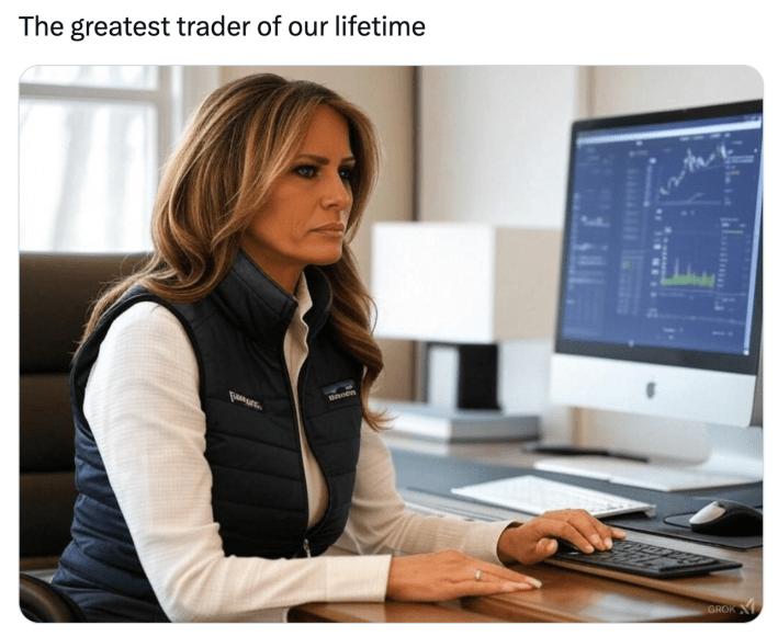 Meme about Trump and Melania releasing crypto meme coins ahead of the inauguration. Text reads, "The greatest trader of our lifetime" with an AI-generated photo of Melania sitting at a computer string off into the distance.